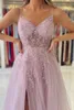 Party Dresses Spaghetti Strap Sparkly Sequined Beadings Evening For Women 2024 Pink Soft Tulle Gown High Split A Line Sleeveless