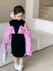 Girl Dresses Children Clothing 2024 Girls Spring Autum One Piece Long Dress Black Purple Fashion Off Shoulder Loose Soft Sweet Ourdoor