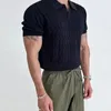 Kvinnors T-skjortor 2024 Herrstickade Jacquard Polo Shirt Casual Stripe V-ringad solid färg Kort ärm T-shirt Beskabel ljus lyx