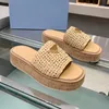 Designer Slide Gehaakte Platform Sandaal Wiggen Kurk Bodem Slipper Zomer Geweven Sliders Voor Vrouwen Huis Strand Stro Muilezel