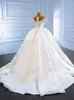 2024 Luxury Satin Wedding Dresses Sexiga pärlor Pärlor pärlor Ruched Long Train Brudklänningar kläder 2024 Dubai Arabic Off Shoulder Lace Up Beach Bride Plus Size ons klänningar