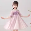 Vestidos da menina das crianças hanfu meninas vestido de verão crianças roupas 2024 tang terno estilo chinês bordado retalhos malha traje antigo