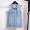 outwear 150Kg Plus Size Women's Spring Autumn Loose Denim Vest Bust 152cm 5XL 6XL 7XL 8XL 9XL Sleeveless Lapel Fringed Hole Vest Coat