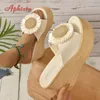 Aphixta Beige Sommer 9 cm Keilabsatz Hausschuhe Frauen Bohemian Sunflower Mulers 4 cm Plattform Sandalen Clog Schuh Slides Plus Größe 43 240228