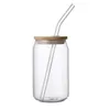 Bicchiere in vetro per sublimazione da 12/16 once Mason Bicchiere in borosilicato a trasferimento di calore trasparente satinato con coperchi in bambù e tazze di caffè ghiacciato in paglia