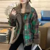 Blends Green Patchwork Checkered Short Jacket Female Loose Thickened Lamb Wool Top European Station 2023 Autumn/Winter New Women