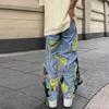Jeans masculinos pintura chinesa bordado remendo denim rasgado para homem streetwear lavado destruído plissado reto jean masculino borlas