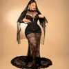 Black Sexy Plus Size Prom Dresses for Black Women Illusion Mermaid Evening Gowns Appliqued Lace Beaded Long Sleeves Formal Dresses Second Reception Gown AM429