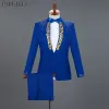 Garnitury Diamond Royal Blue Men Zestaw Gold Hafted Wedding Mens Slim Fit Męskie garnitury z spodniami PROM STAK STACJA MAŁN