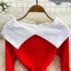Casual Dresses Fashion Design Girls Off The Shoulder Patchwork Sweater Dress Women's Waistband Slimming Fit Knit Lady Red Knitted