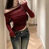 Women's T Shirts 2024 Women Red Y2k Crop Tops Vintage Korean Retro High Street Off Shoulder Knit T-Shirt Streetwear Tee Shirt Fashion