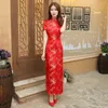 Robe chinoise rouge en Satin pour femmes, Qipao, Sexy, longue, Slim, Cheongsam, à fleurs, taille S M XL XXL 3X4XL 5XL 6XL, JA13 240220