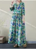 Robes décontractées 2024 Printemps Automne Coton Bleu Floral Vintage Pour Femmes Lâche Longue Mode Élégante Robe D'art Bureau Dame Vêtements