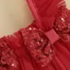 Flickaklänningar 1-4 år tutu tyll slip klänning avslappnad bågdekor ärmlös förstörde en linje för flickor solid röd paljett prinsessa