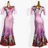 Bühnenkleidung 2024 Modern Dancewear Weibliche Erwachsene Elegante Blumendruck Ballsaal Tanzkleider Midi Sleeve Foxtrot Frauen Walzer Langes Kleid