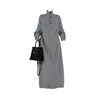 Casual Dresses Women Grey A-line Long Dress Vintage Harajuku Y2k Knitted Party Club Sleeve Evening 2000s One Piece Frocks Clothes