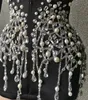 Glitter Pearl Silver Crystals Deep Vneck Women Slim Suits Nightclub Drag Queen Costumes Celebrate Birthday Party Short Dress 240227