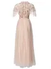 Extravagantes Catwalk-Sommer-Damen-Hochwertiges Mode-Party-Stickerei-Mesh-Rosa-Casual-Mädchen-Süßes, hübsches, klassisches langes Kleid