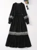 Ladies New Spring High Quality Fashion Party Black Embroidered Slim Fit Elegant Designer Pretty Lantern Long Sleeve Midi Dress