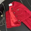 Högkvalitativ chic höst Winter Red Woolen kortjacka kappa söta mode kvinnor o nacke enstaka bröst tweed väv beskurna toppar 230226