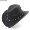 Basker vinter varma män kvinnor retro ull filt western cowboy hatt brett grim cowgirl kallaite braid läderband (54/57/61 cm justera rep)