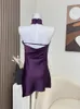 Casual Dresses 2024 Summer Fashion Women Slim Vestidos Pleated Neck-mounted Purple One-Piece Female Asymmetric Party Prom Dress Vintage