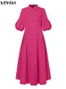 vonda 우아한 맥시 드레스 여성 패션 랜턴 슬리브 버튼 큰 스윙 파티 셔츠 선 드레스 캐주얼 한 단색 로브 240226