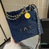 Tvätt denim bokstäver tryckt designer mini 22 skräpväska 23 cm guldmynt charm