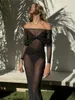 Lässige Kleider Sexy Schulterfrei Slash Neck Langarm Durchsichtiges schwarzes Mesh für Frauen 2024 Elegantes Patchwork-Partykleid