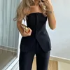 Kvinnors tvåbitar byxa Toppbyxor Set Backless kostym Elegant Bandeau Hög midja bred ben för kvinnor en enda brast office