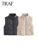 Parkas TRAF Winter Women's Faux Leather PU Cotton Vest Fashion Sleeveless Quilted Padded Jacket Stand Collar Zipper Vest Women's Top