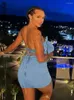 Casual Dresses Boofeenaa 3D Floral Applicies Strappy Tube Top Short Sexy Night Club Outfits Sky Blue Dress for Women C69-EC25