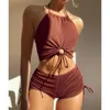 Women's Swimwear Womens Swimwear Solid Color Halter Split Swimsuit Flat Angle Sports Beach Bikini Set