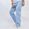 Herr jeans mode high street baggy män retro tvättade rak denim lastbyxor stora sidofickor hip hop byxor streetwear man