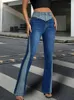 Kvinnors jeans lapptäcke bootcut mode kontrast färg hög midja 2024 kvinnor y2k flare byxa denim byxor streetwear