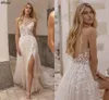 Elegante folha renda boho uma linha vestidos de casamento cintas de espaguete sexy coxa divisão sem costas vestidos de noiva romântico tule trem de varredura plus size mulheres noiva robe cl3340