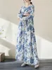 Robes décontractées 2024 Printemps Automne Coton Vintage Bleu Floral Pour Femmes Lâche Longue Robes Robe Élégante Bureau Dame Vêtements