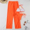 Women's Swimwear 3Pcs Swimsuits Bathing Suit Women Solid Halter Triangle Bikini Set Mesh Yarn Cover-up Pants Sunscreen See Through Beach