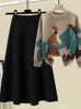 Outono inverno quente malha duas peças conjuntos para mulheres manga longa impressão camisola e cintura alta tricô saias definir roupas femininas 240219