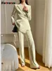 Fotvotee Solid Suit Set Women 2023 Office Office Ladies Downlow Twlar Slim Blazers Loose High High Werist Flare Suits 240226