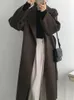 Casaco de lã longo feminino outono inverno quente casaco feminino elegante moda rendas outerwear senhoras casual solto chique casacos 240226