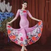 Bühnenkleidung 2024 Modern Dancewear Weibliche Erwachsene Elegante Blumendruck Ballsaal Tanzkleider Midi Sleeve Foxtrot Frauen Walzer Langes Kleid