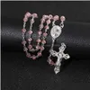Pendant Necklaces Komi Pink Rosary Beads Cross Pendant Long Necklace For Women Men Catholic Christ Relius Jesus Jewelry Gift R-233310K Dhfou