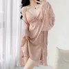 Mulheres sleepwear rendas roupão vestido terno mulheres oco out robe conjunto sexy cetim quimono camisola loungewear casual casa roupas