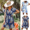 Robes décontractées Femmes Summer Beach Robe V Col Feuille Imprimer Taille élastique Manches courtes Bikini Cover-Up Soft Qick Dry Lady Vacances Mini