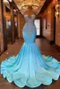 연한 파란색 인어 댄스 파티 드레스 2024 씨 캡 소매 구슬 라인 스톤즈 여성 미인 대회 드레스 등이없는 긴 파티 이브닝 ​​가운 BC16254 0229