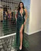 Sexy dark green prom dress plunging v neck sequins net formal evening gowns elegant thigh split party dresses for special occasions sheath promdress