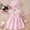 Vestidos infantis para meninas, verão, manga curta, estampa rosa, vestido de laço doce com chapéu, vestido de baile para 2t