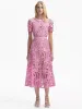 Extravagante jurken dames zomerkwaliteit mode feestje blauw roze kanten uit holte uit zoete mooie chique ontwerper midi jurk