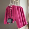 Högkvalitativ fransk chic tweed -vävd rosa kvinnor jacka korta rockar hösten västerländsk mode casual woman kläder 240226